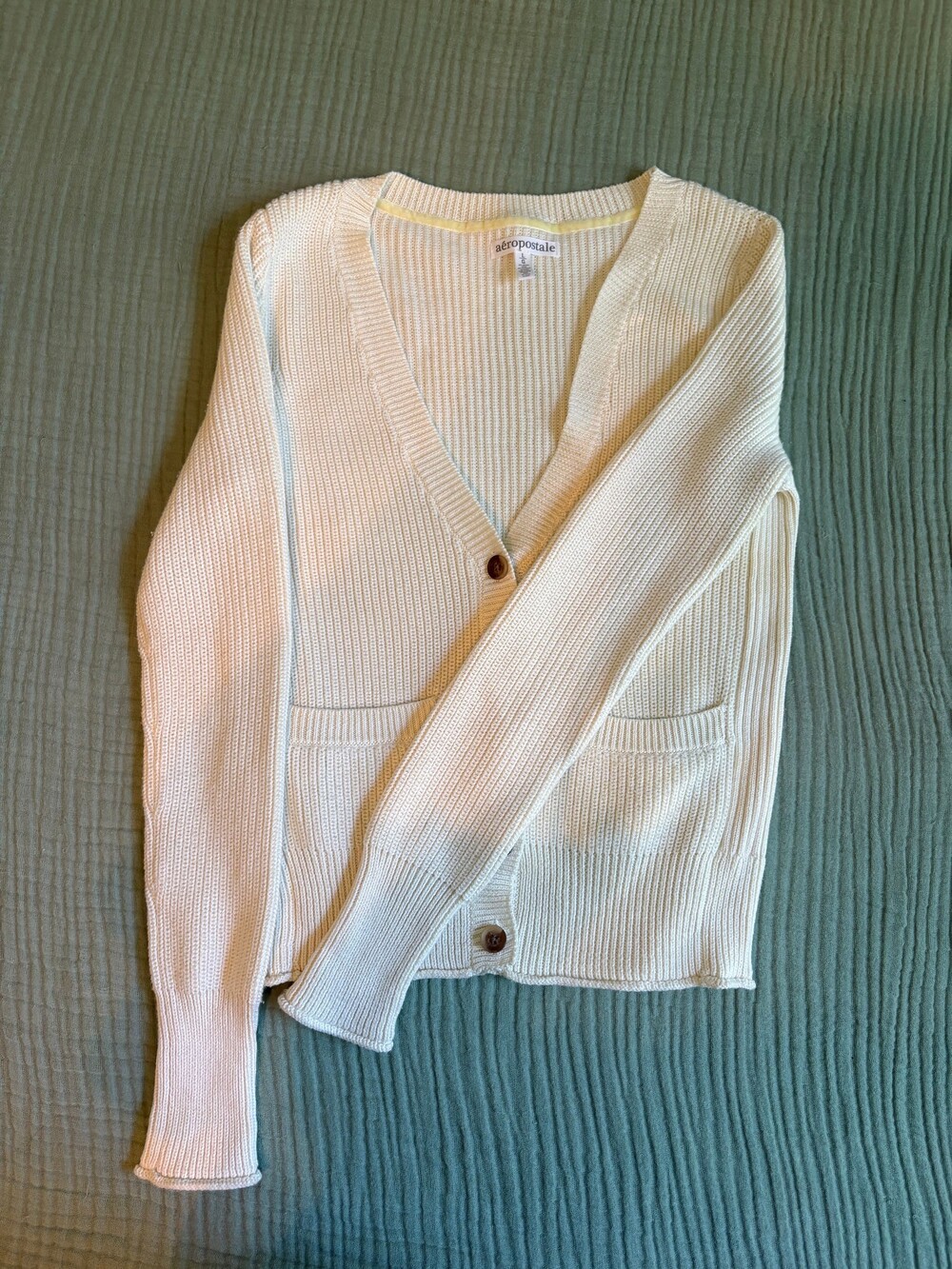 Aeropostale Y2K Large Cream Cotton Cardigan Sweater Ribbed Knit Button Front